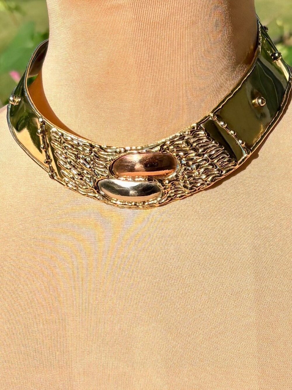 Vintage Artisanal Tri-Tone Metal Brutalist Choker Necklace, Studded & Textured